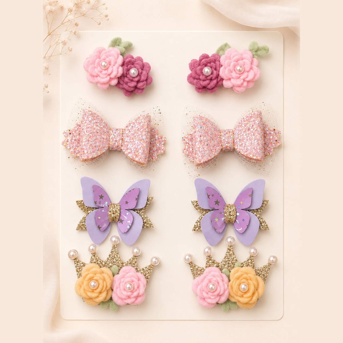 Set de 4 pares de pinzas con moños para bebé (8 piezas) · Orejitas