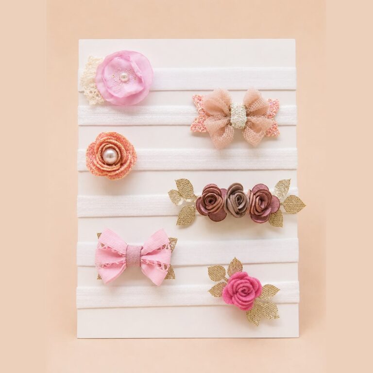 Set de 6 balacas para bebé con flores y moños · Clara – color Rosado