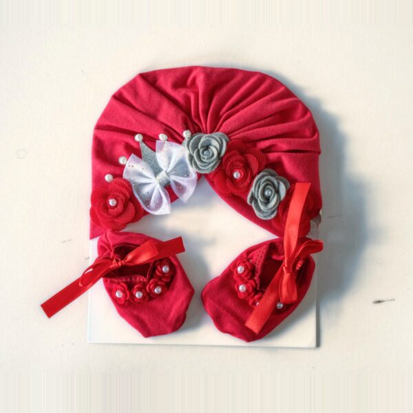 Set de gorro turbante y baletas para bebé con flores · Corona – color Rojo