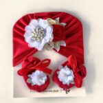 Set de gorro turbante y baletas para bebé con tocado floral · Tocado – color Rojo