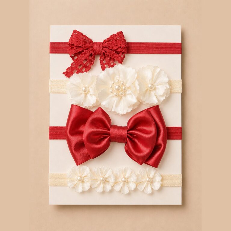 Set de 4 balacas para bebé con perlas, moños y encaje · Marcela – color Rojo