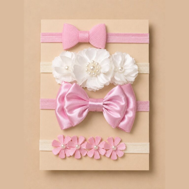 Set de 4 balacas para bebé con perlas, moños y encaje · Marcela – color Rosado