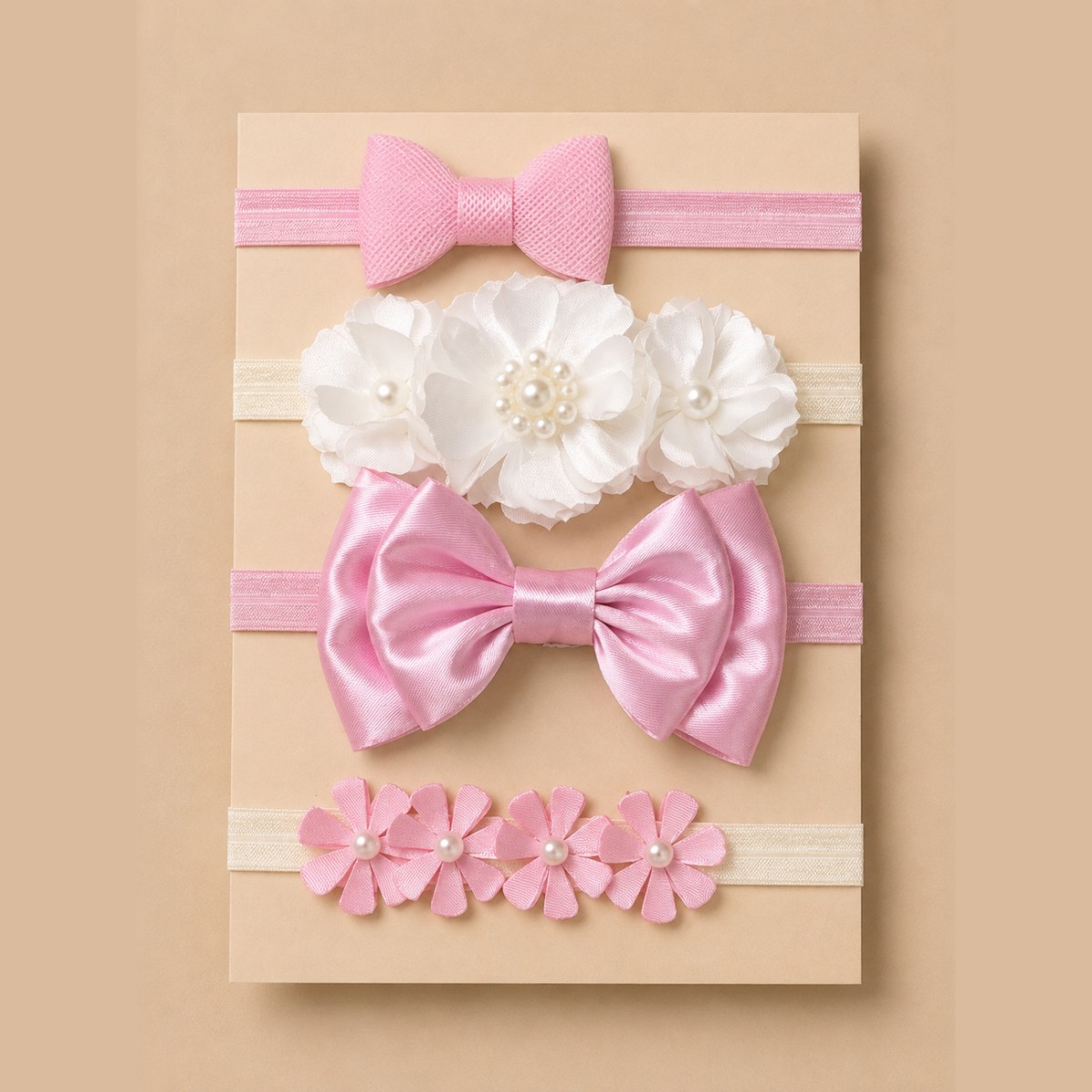 Set de 4 balacas para bebé con perlas, moños y encaje · Marcela – color Rosado