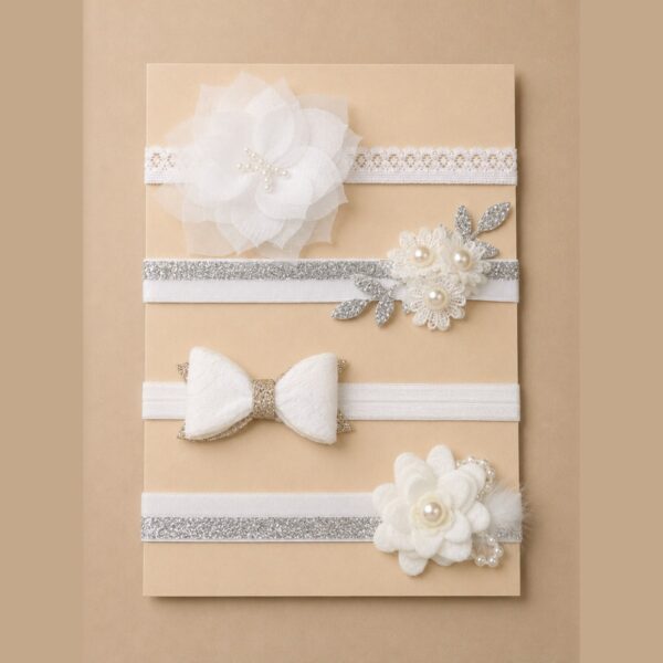 Set de 4 balacas para bebé con perlas, plumas y tul · María