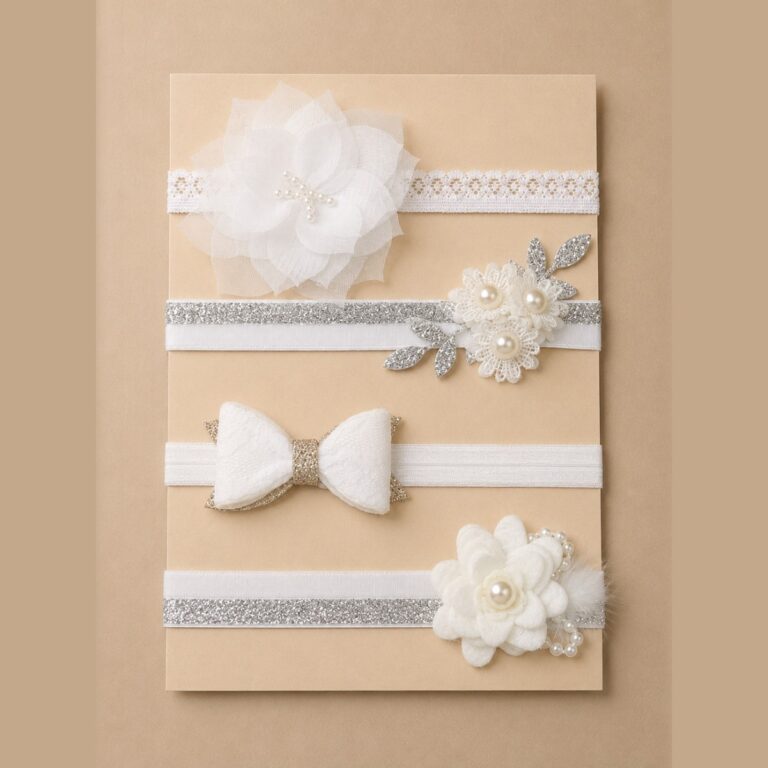 Set de 4 balacas para bebé con perlas, plumas y tul · María