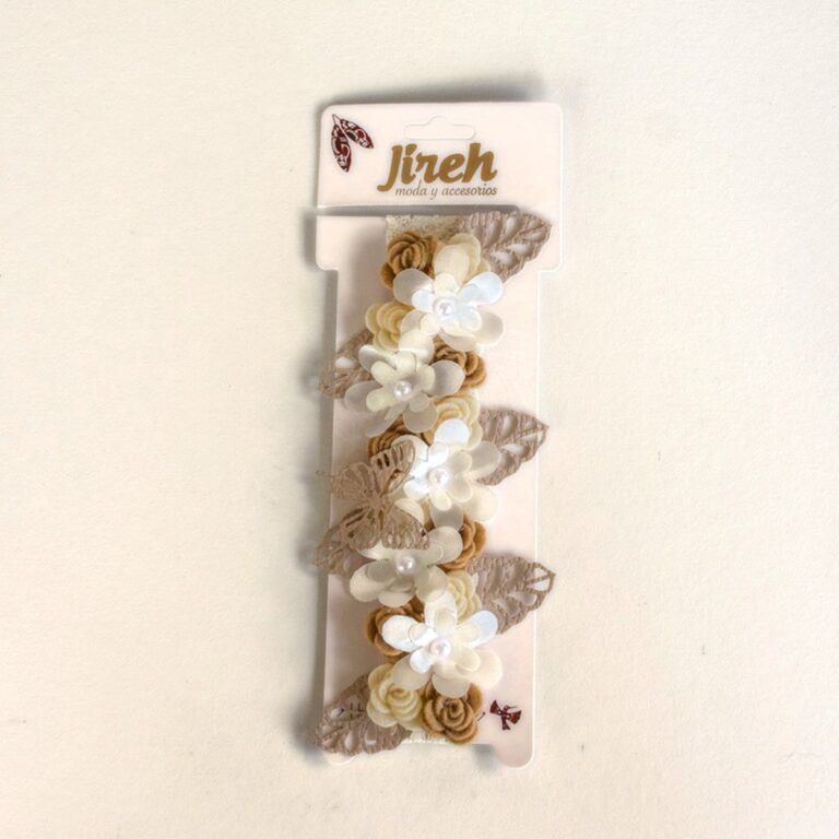 Tocado para bebé con flores y mariposas · Amatista – color Beige