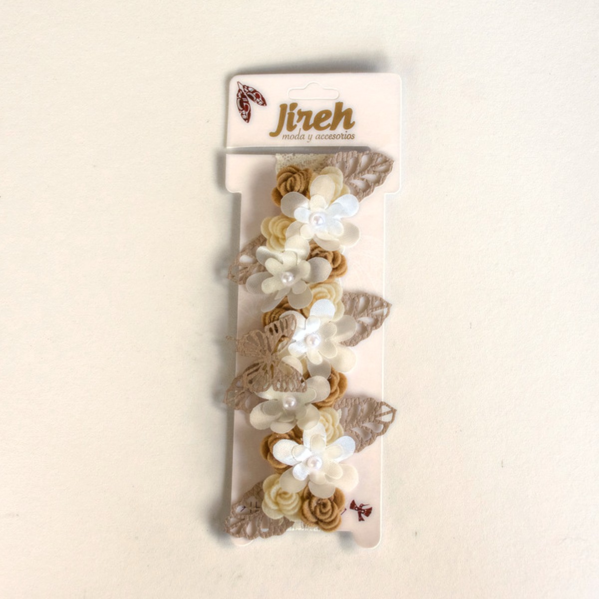 Tocado para bebé con flores y mariposas · Amatista – color Beige
