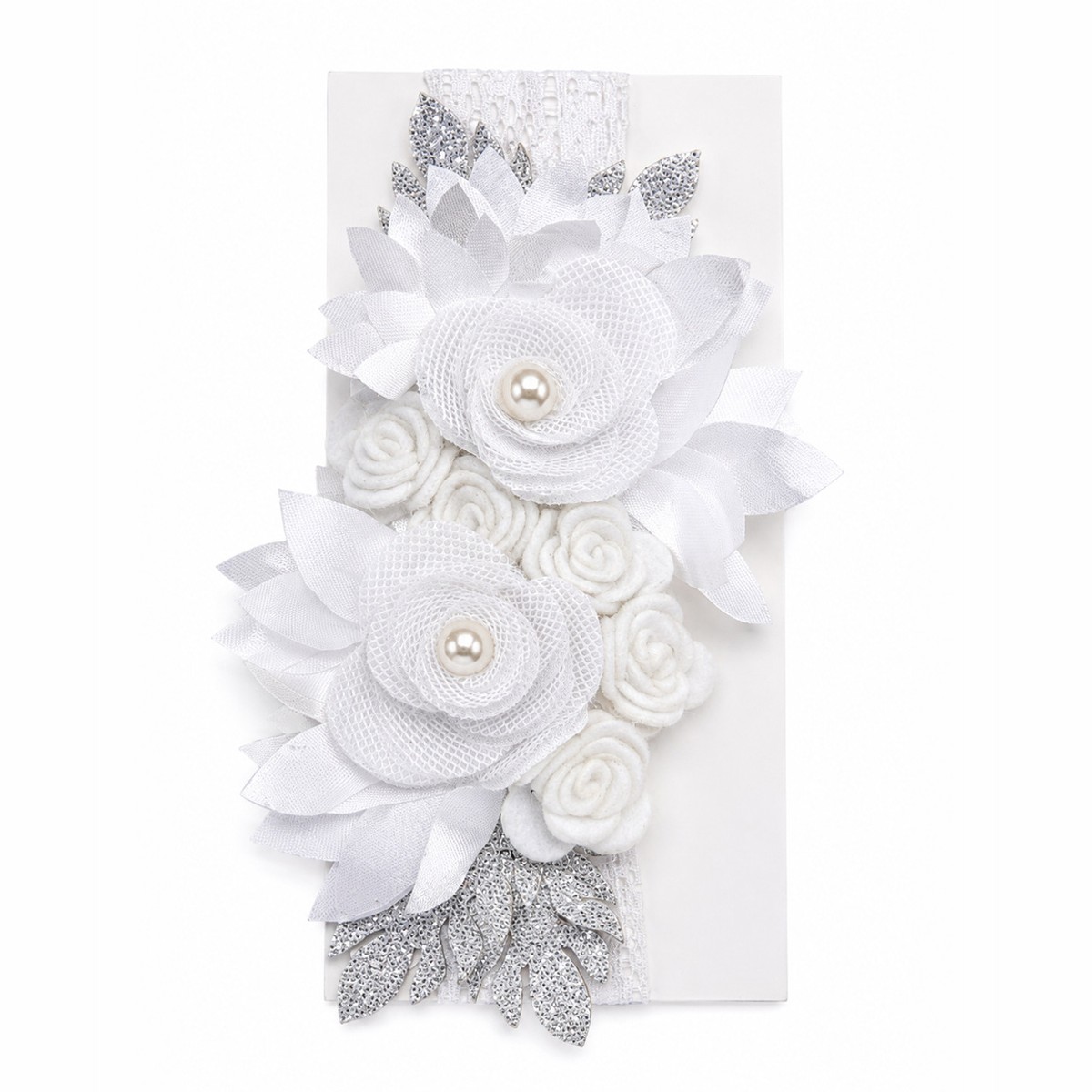 Tocado para bebé con flores y perlas estilo turbante · Gabriela – color Blanco